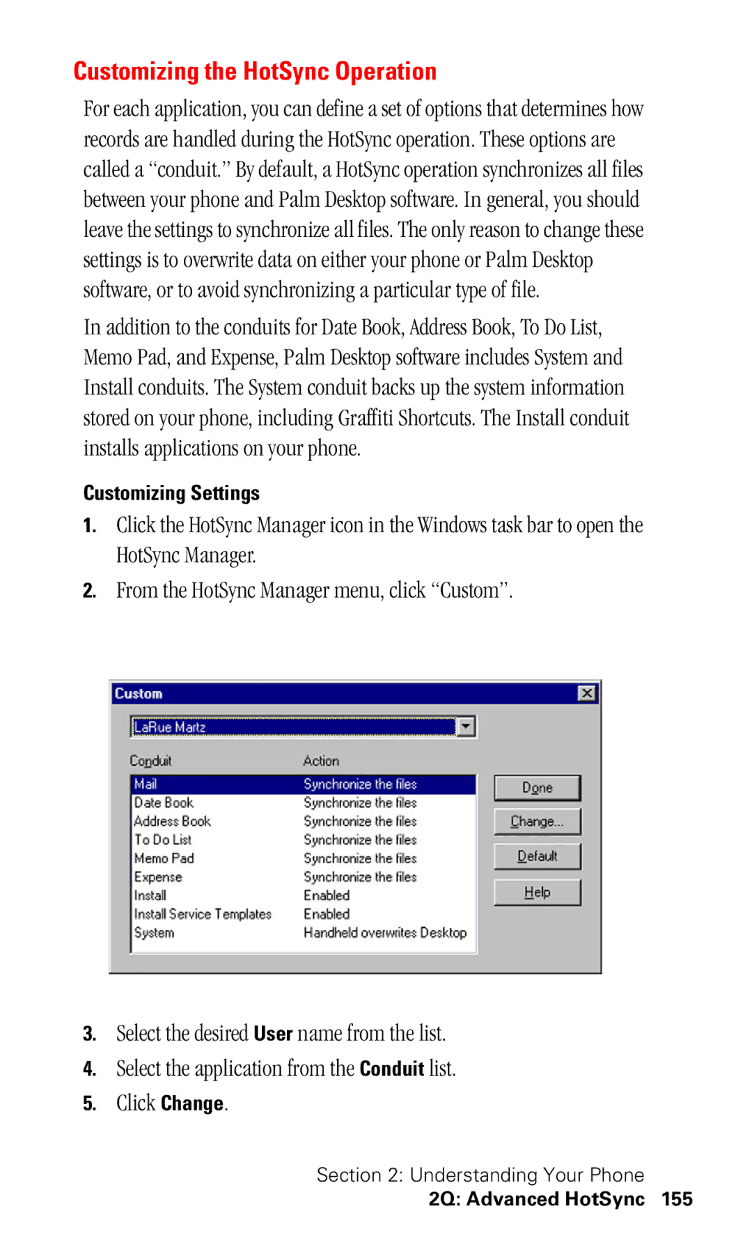 Samsung SPH-I330 manual Customizing the HotSync Operation, Customizing Settings 