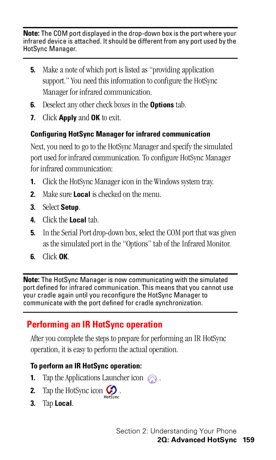 Samsung SPH-I330 manual Performing an IR HotSync operation, Configuring HotSync Manager for infrared communication 