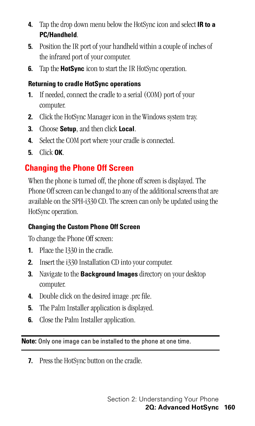 Samsung SPH-I330 manual Changing the Phone Off Screen, PC/Handheld, Returning to cradle HotSync operations 