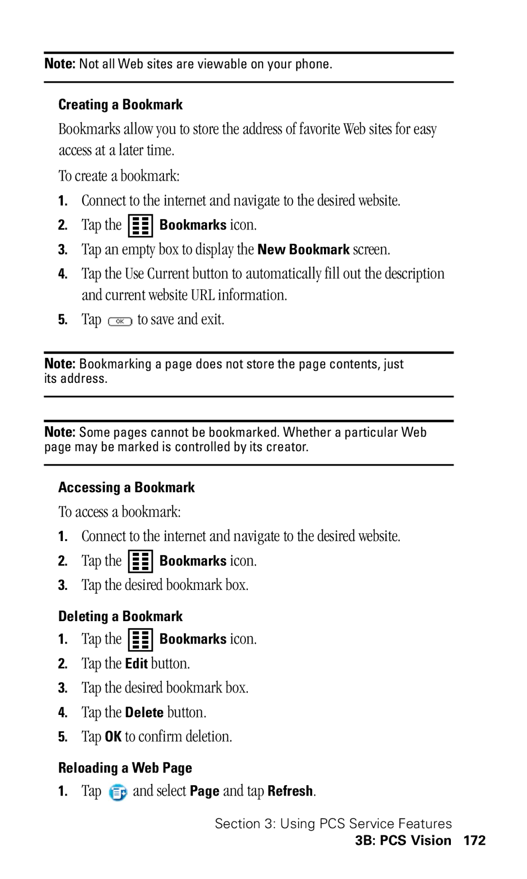 Samsung SPH-I330 manual Tap and select Page and tap Refresh, Creating a Bookmark, Accessing a Bookmark, Deleting a Bookmark 