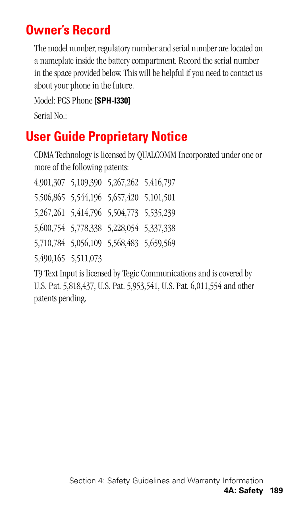 Samsung manual Owner’s Record, User Guide Proprietary Notice, Model PCS Phone SPH-I330 Serial No 