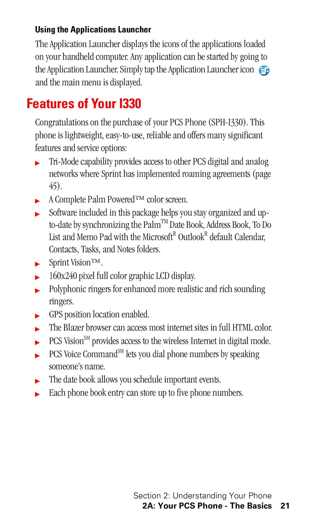 Samsung SPH-I330 manual Features of Your, Using the Applications Launcher 