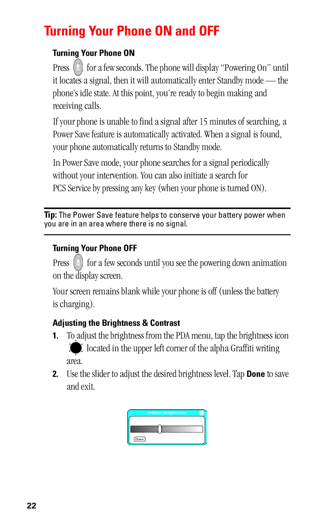 Samsung SPH-I330 manual Turning Your Phone on and OFF, Turning Your Phone OFF, Adjusting the Brightness & Contrast 