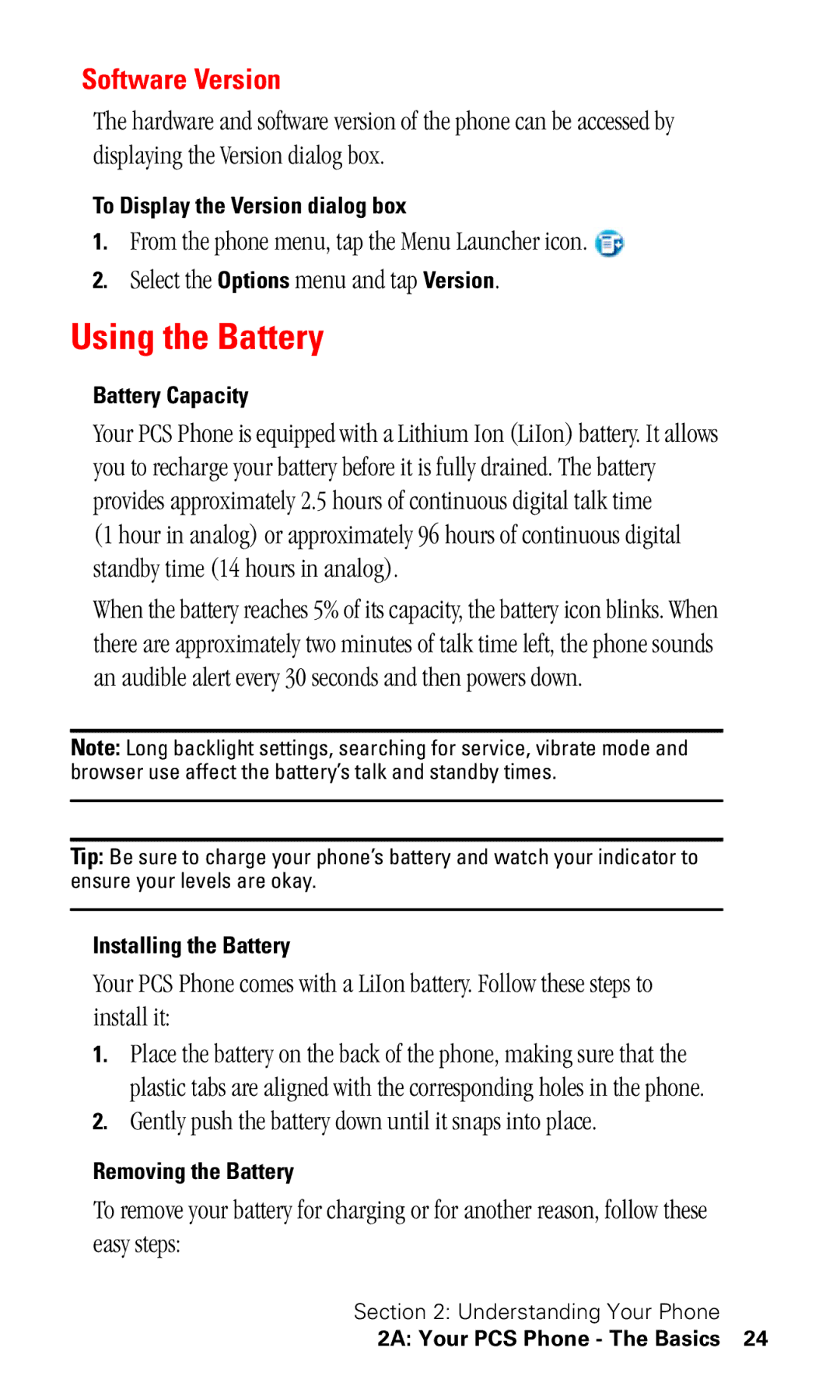 Samsung SPH-I330 manual Using the Battery, Software Version, Gently push the battery down until it snaps into place 