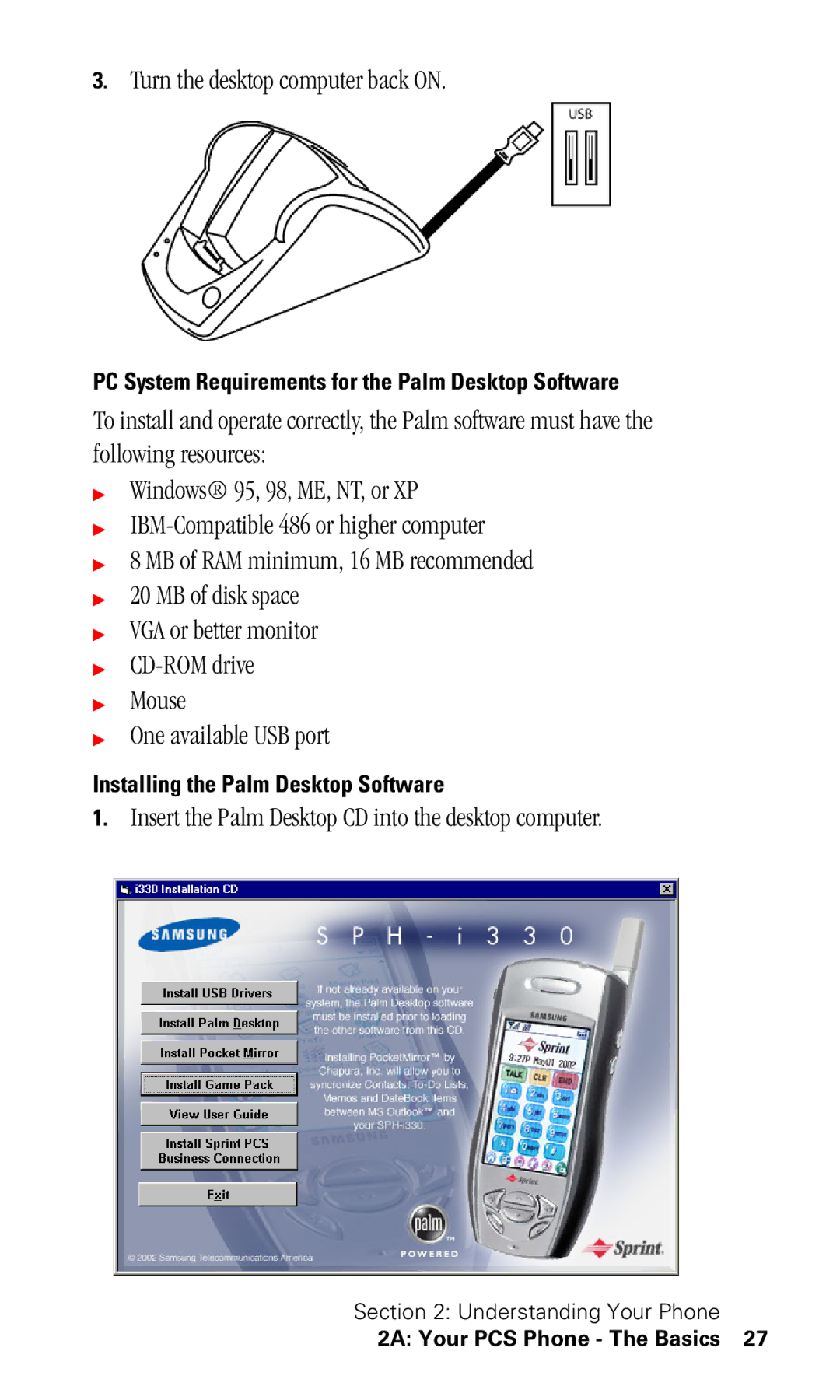 Samsung SPH-I330 manual Turn the desktop computer back on, Insert the Palm Desktop CD into the desktop computer 