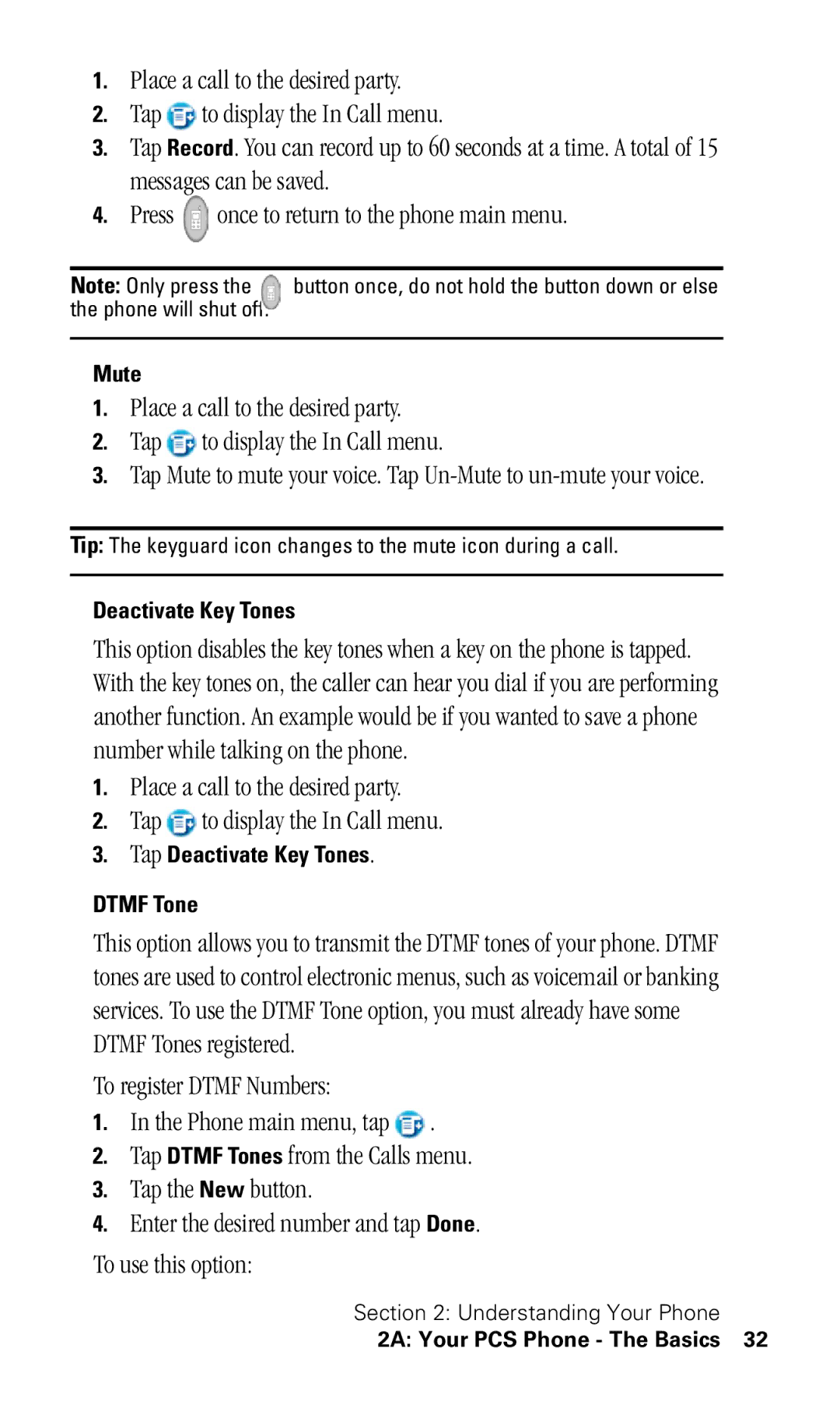 Samsung SPH-I330 manual Mute, Tap Deactivate Key Tones Dtmf Tone 