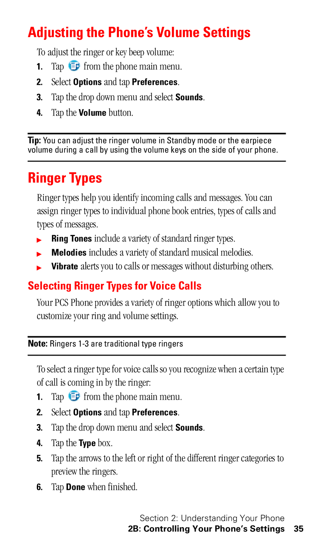 Samsung SPH-I330 manual Adjusting the Phone’s Volume Settings, Selecting Ringer Types for Voice Calls 