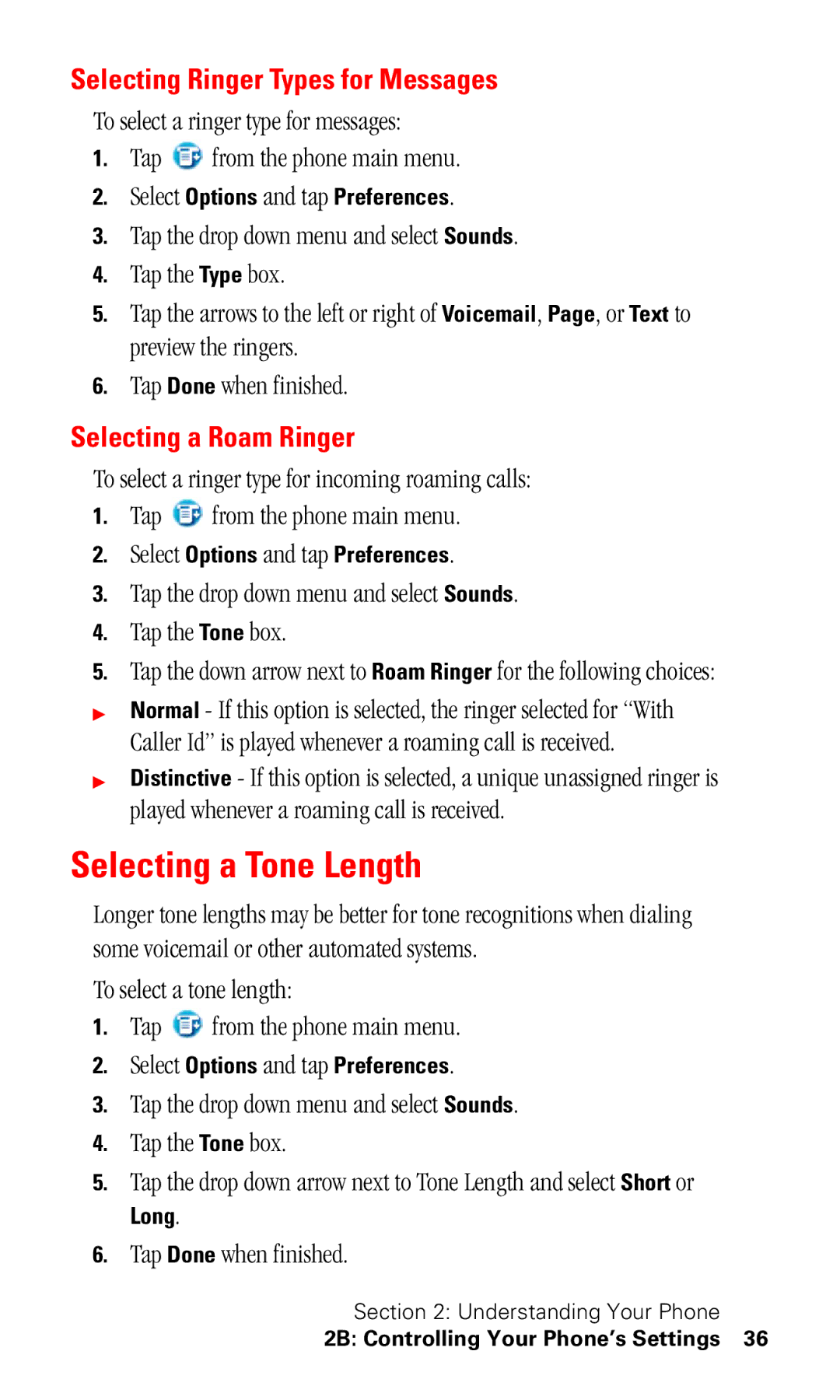 Samsung SPH-I330 manual Selecting a Tone Length, Selecting Ringer Types for Messages, Selecting a Roam Ringer 