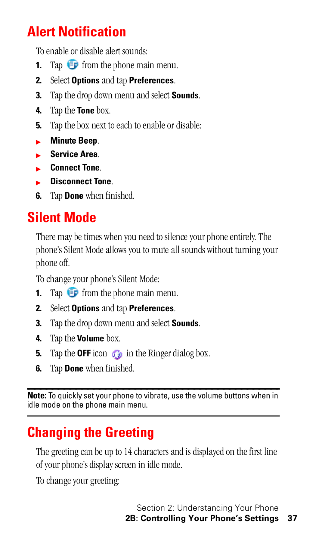 Samsung SPH-I330 manual Alert Notification, Silent Mode, Changing the Greeting, To change your greeting 