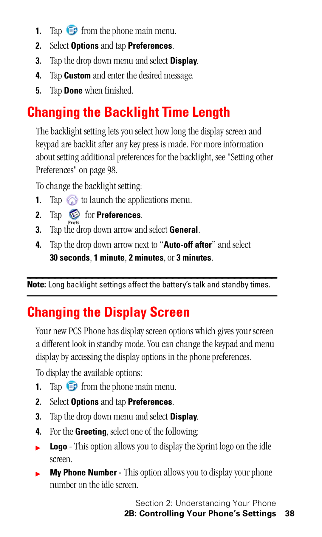 Samsung SPH-I330 manual Changing the Backlight Time Length, Changing the Display Screen, Tap for Preferences 