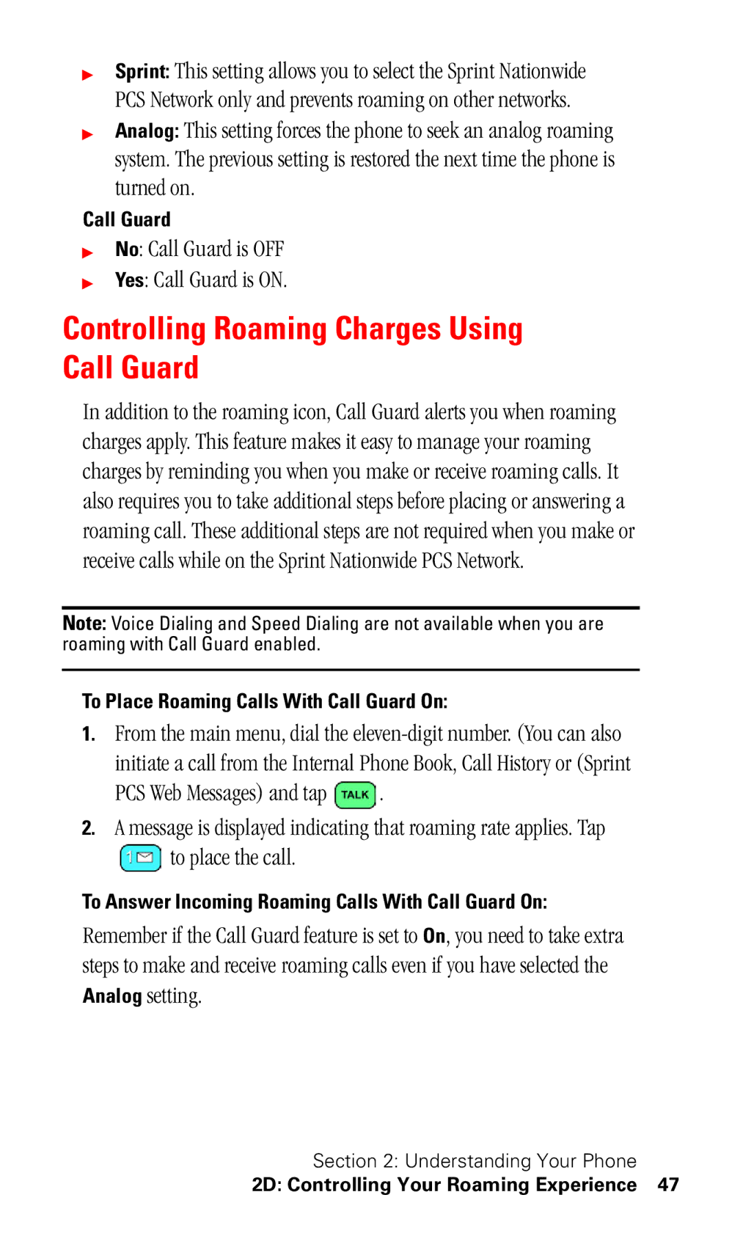 Samsung SPH-I330 manual Controlling Roaming Charges Using Call Guard, No Call Guard is OFF Yes Call Guard is on 