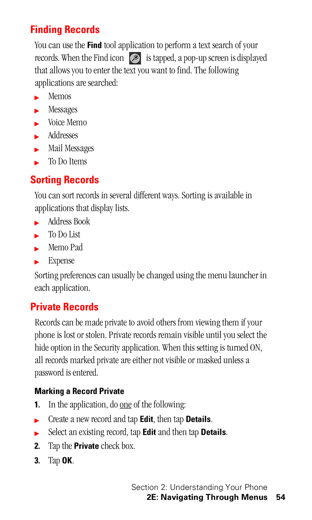 Samsung SPH-I330 manual Finding Records, Sorting Records, Private Records, Marking a Record Private 