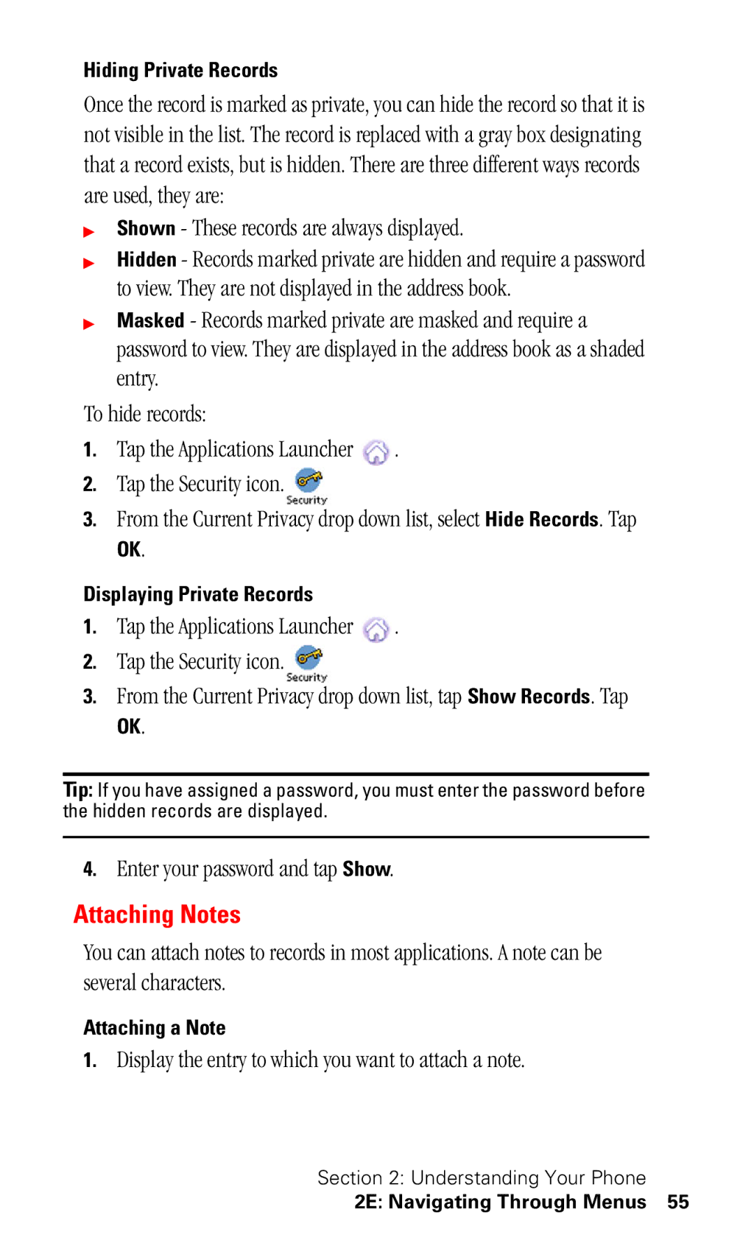 Samsung SPH-I330 manual Attaching Notes, Shown These records are always displayed, Enter your password and tap Show 