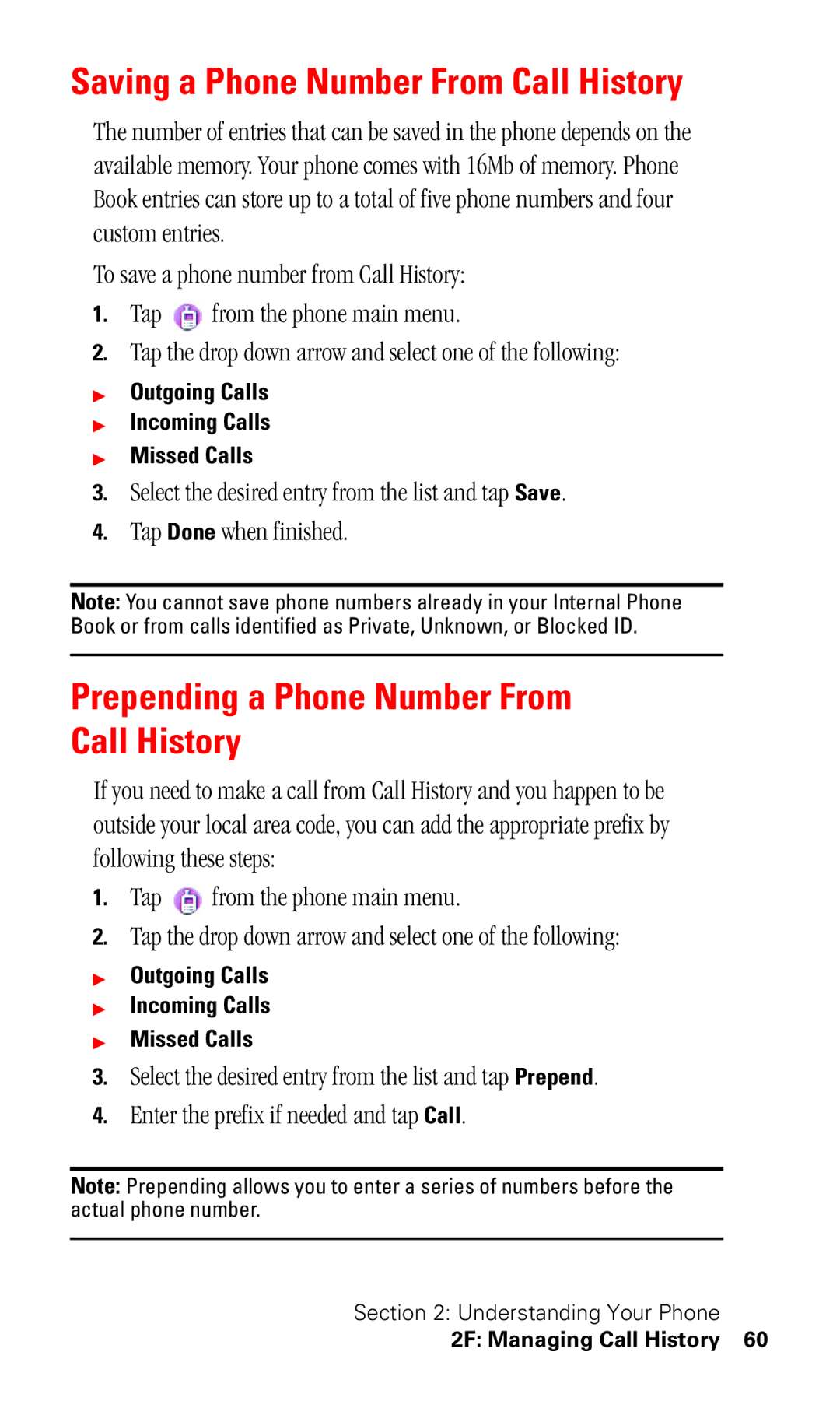 Samsung SPH-I330 manual Saving a Phone Number From Call History, Prepending a Phone Number From Call History 