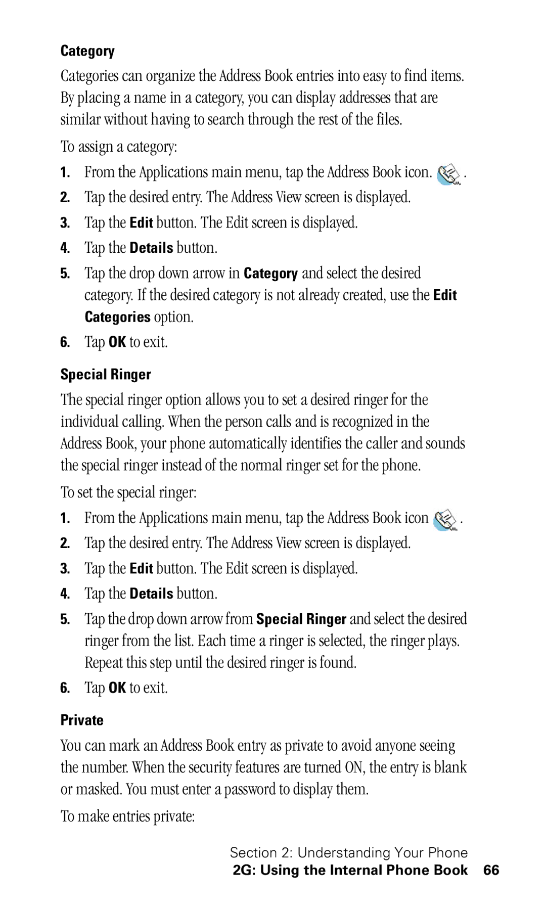 Samsung SPH-I330 manual To assign a category, To set the special ringer, To make entries private 