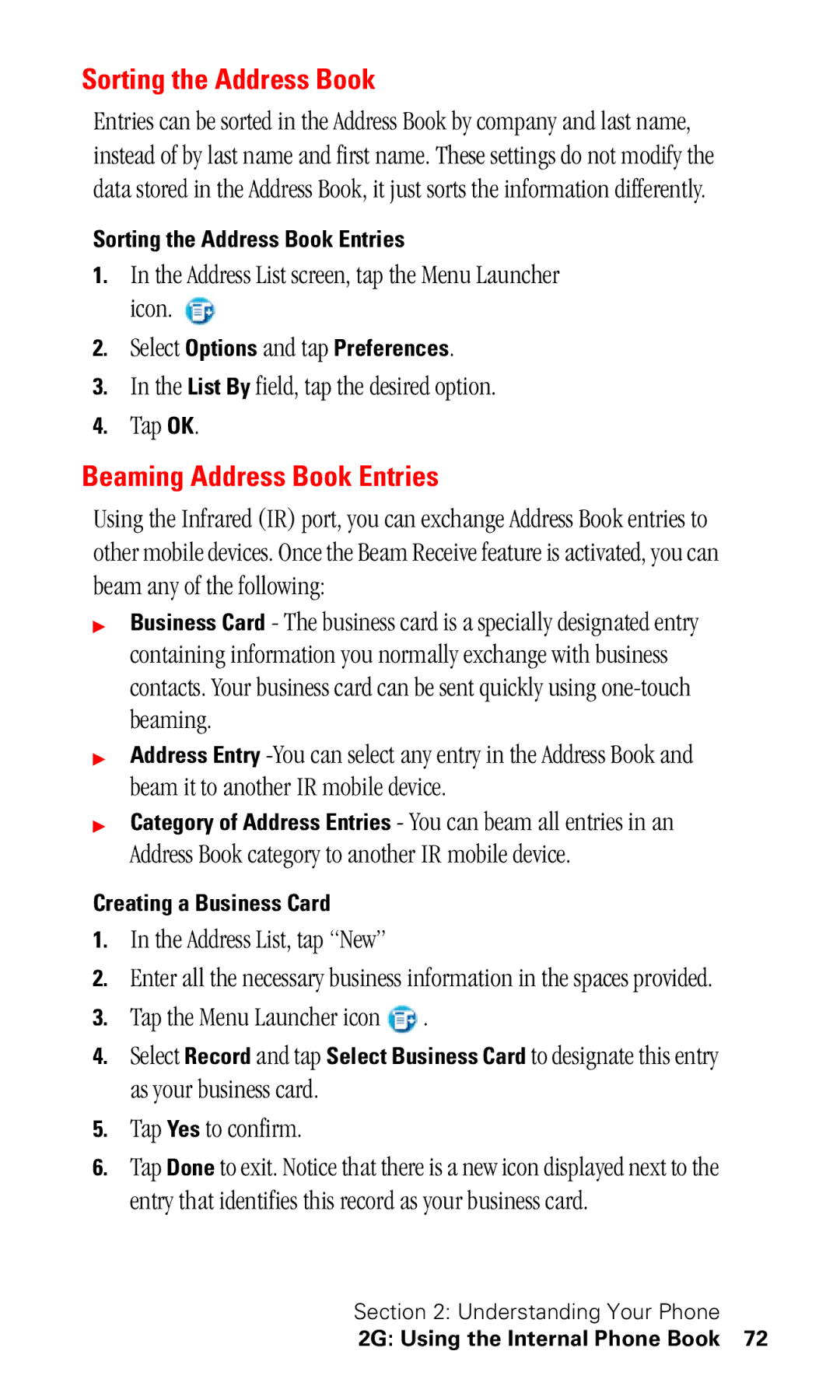 Samsung SPH-I330 manual Sorting the Address Book, Beaming Address Book Entries 