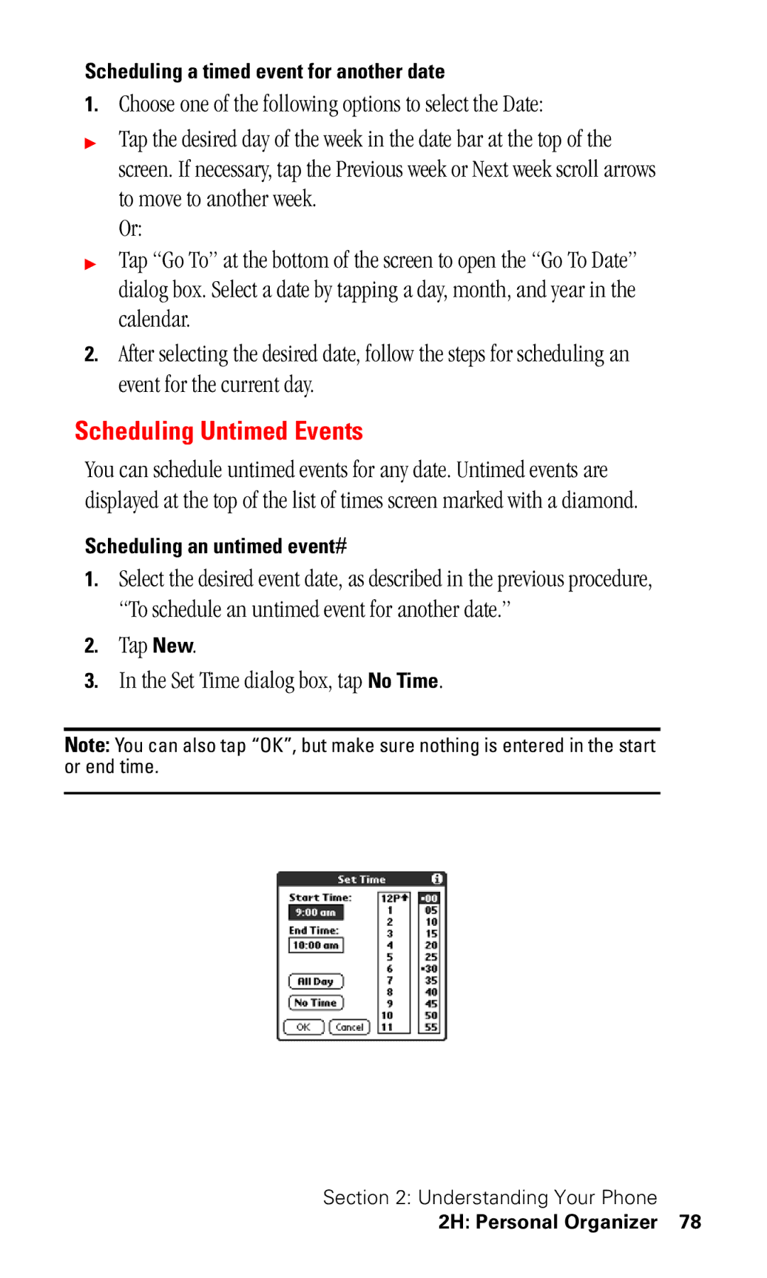 Samsung SPH-I330 manual Scheduling Untimed Events, Tap New Set Time dialog box, tap No Time, Scheduling an untimed event 