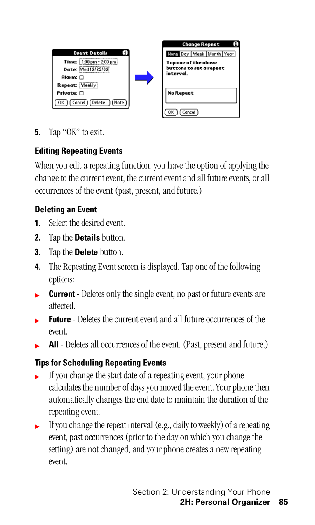 Samsung SPH-I330 manual Editing Repeating Events, Deleting an Event, Tips for Scheduling Repeating Events 