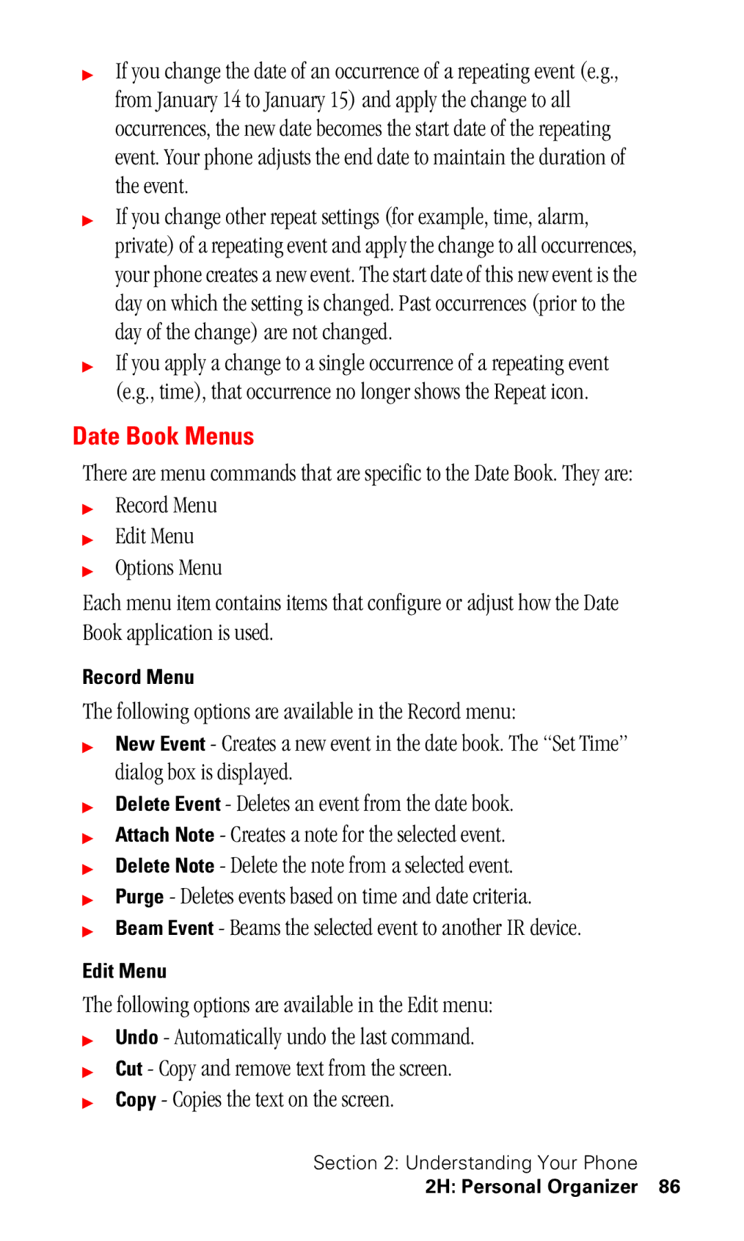 Samsung SPH-I330 manual Date Book Menus, Edit Menu 