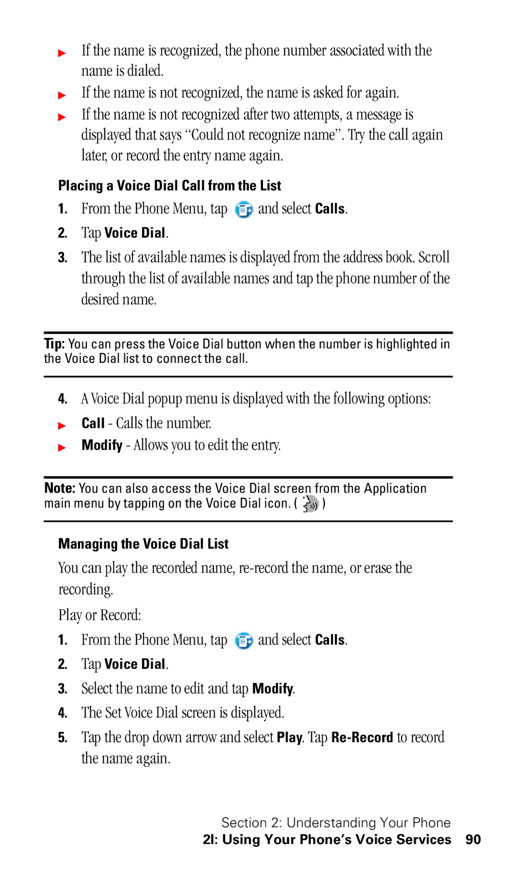 Samsung SPH-I330 manual From the Phone Menu, tap and select Calls, Placing a Voice Dial Call from the List, Tap Voice Dial 