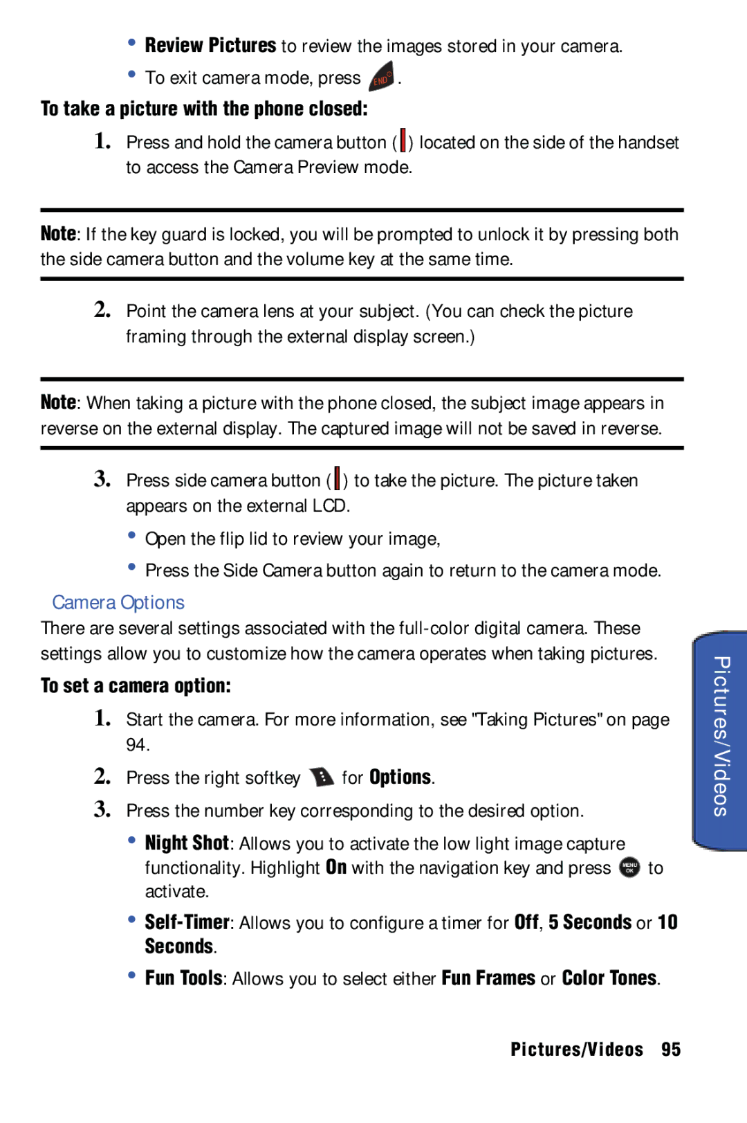 Samsung SPH-m50 manual Pictures/Videos, Camera Options, To take a picture with the phone closed, To set a camera option 