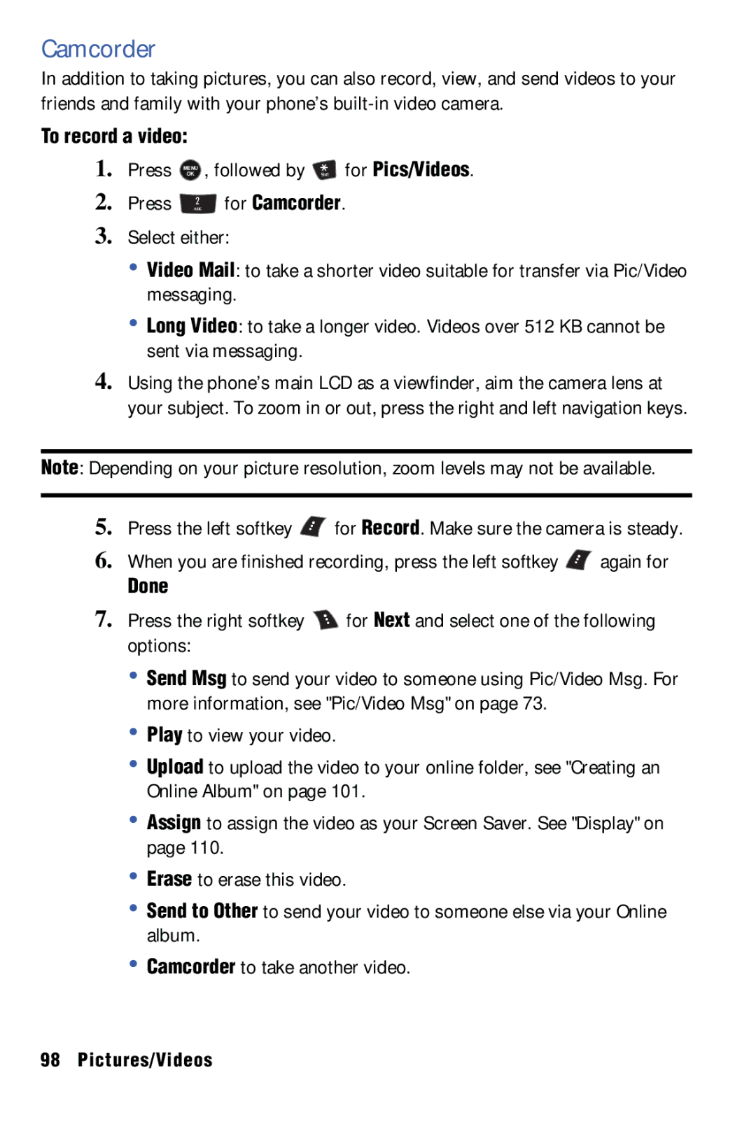 Samsung SPH-m50 manual For Camcorder, Done, To record a video 