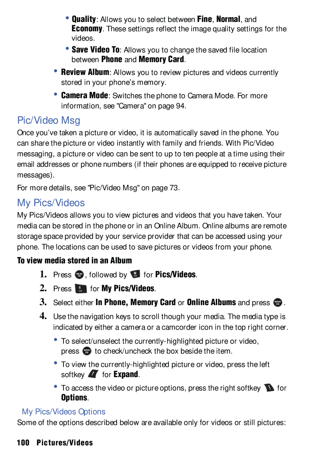 Samsung SPH-m50 manual My Pics/Videos Options, To view media stored in an Album, For Pics/Videos, For My Pics/Videos 