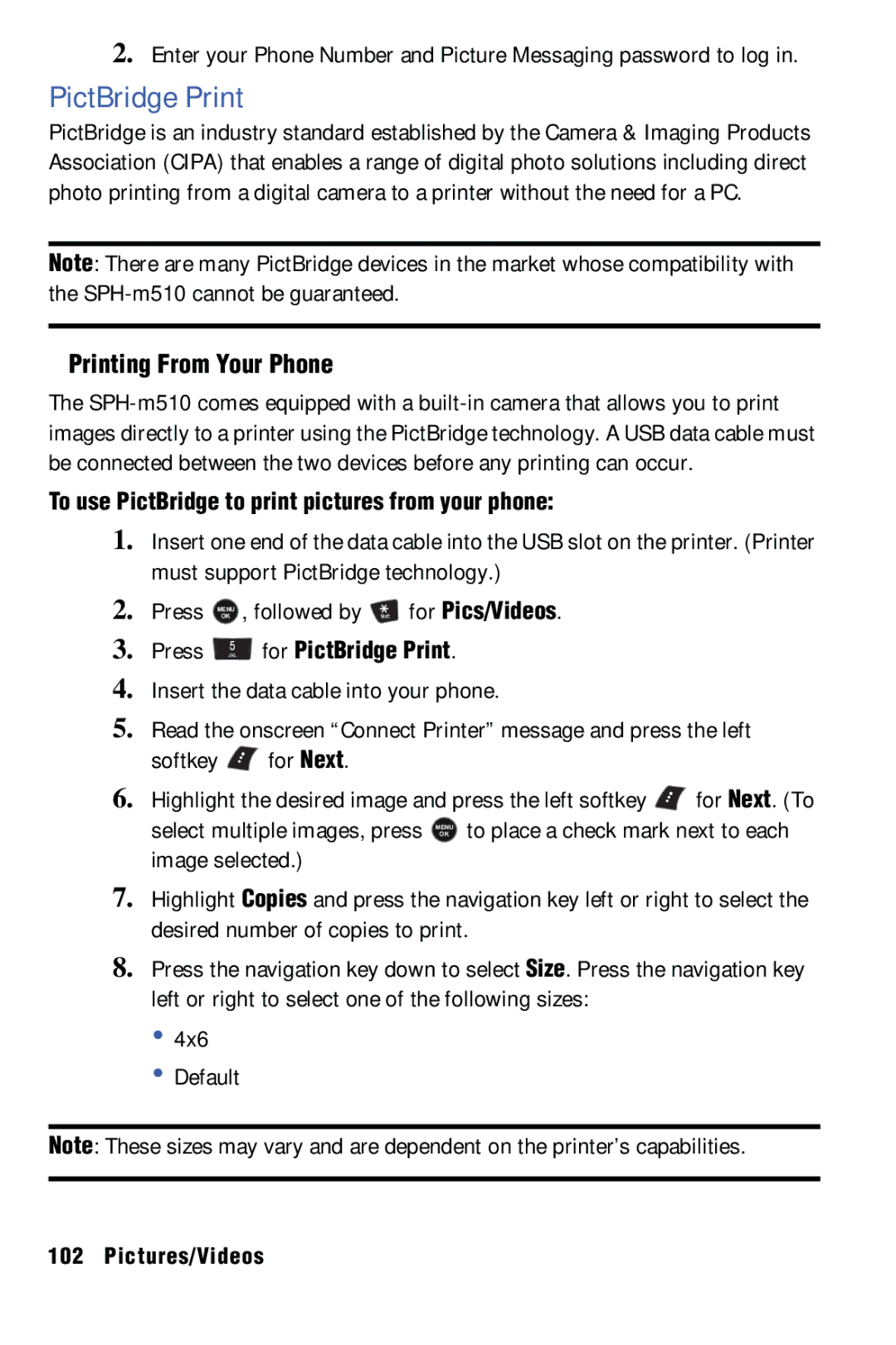 Samsung SPH-m50 manual PictBridge Print, Printing From Your Phone, To use PictBridge to print pictures from your phone 