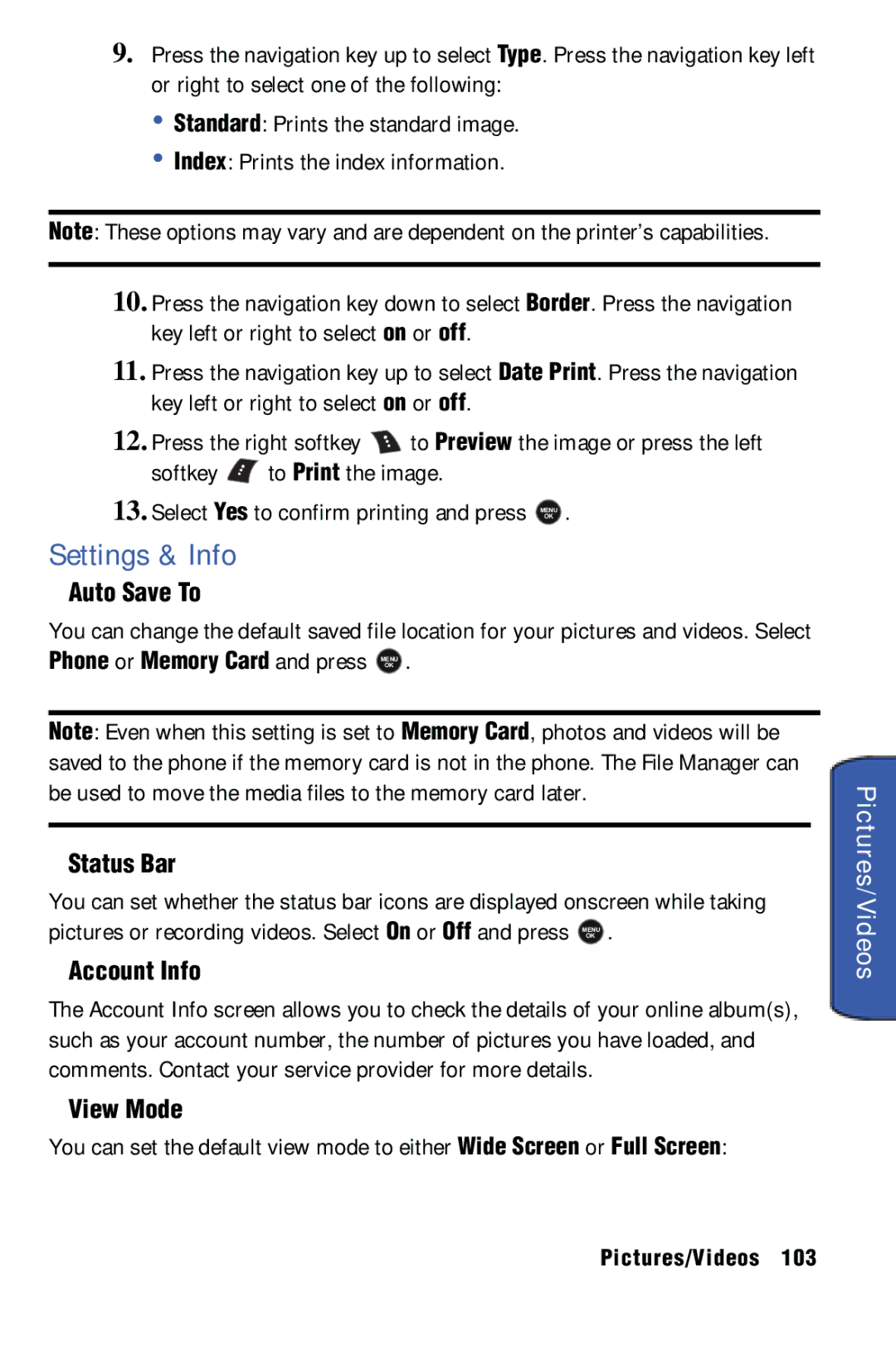 Samsung SPH-m50 manual Settings & Info, Auto Save To, Status Bar, Account Info, View Mode 