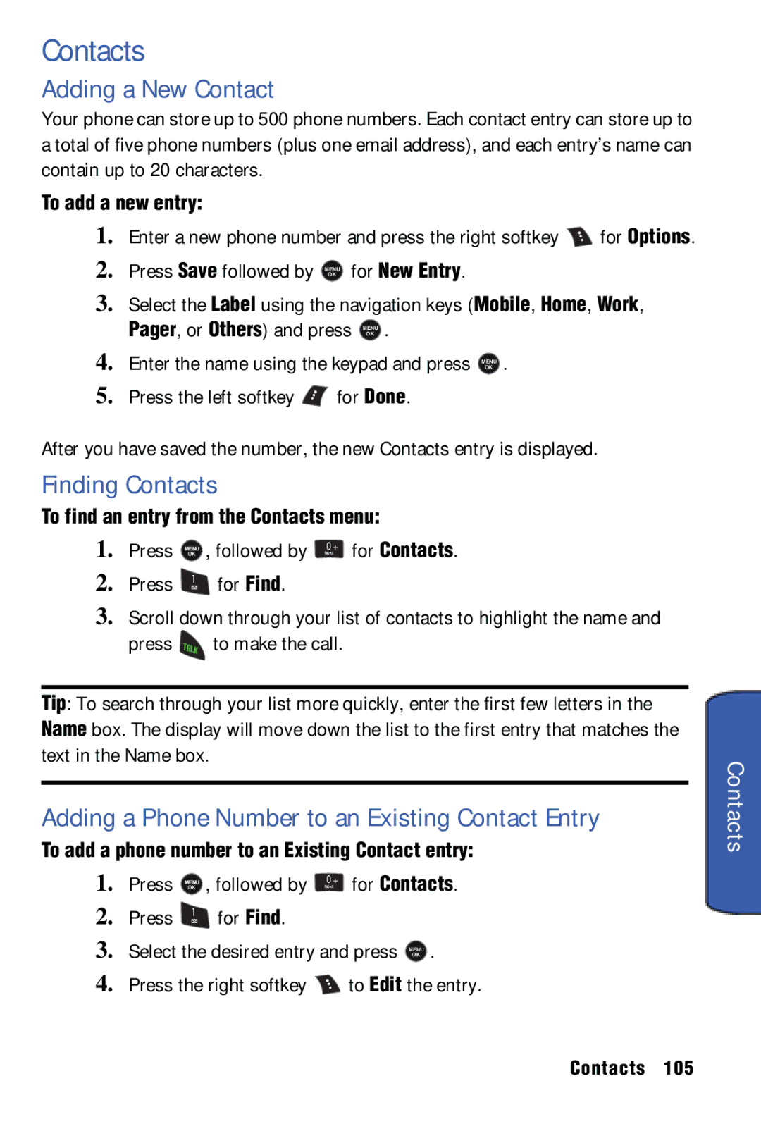 Samsung SPH-m50 manual Adding a New Contact, Finding Contacts, Adding a Phone Number to an Existing Contact Entry 