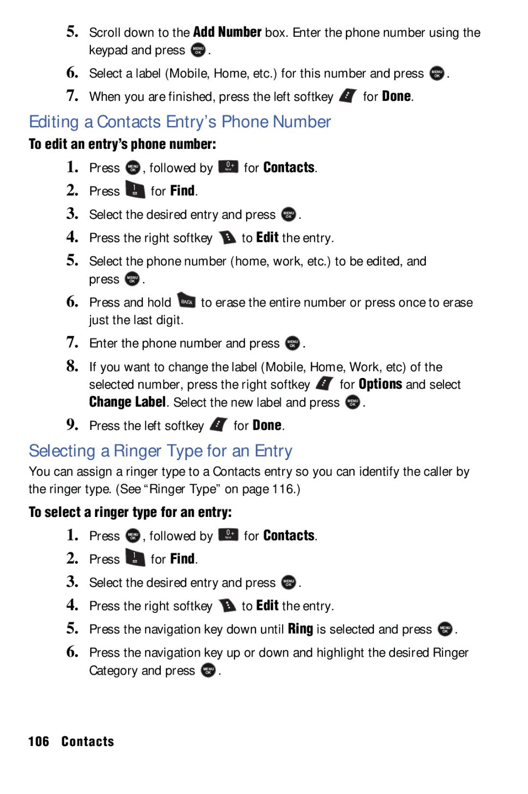 Samsung SPH-m50 manual Editing a Contacts Entry’s Phone Number, Selecting a Ringer Type for an Entry 