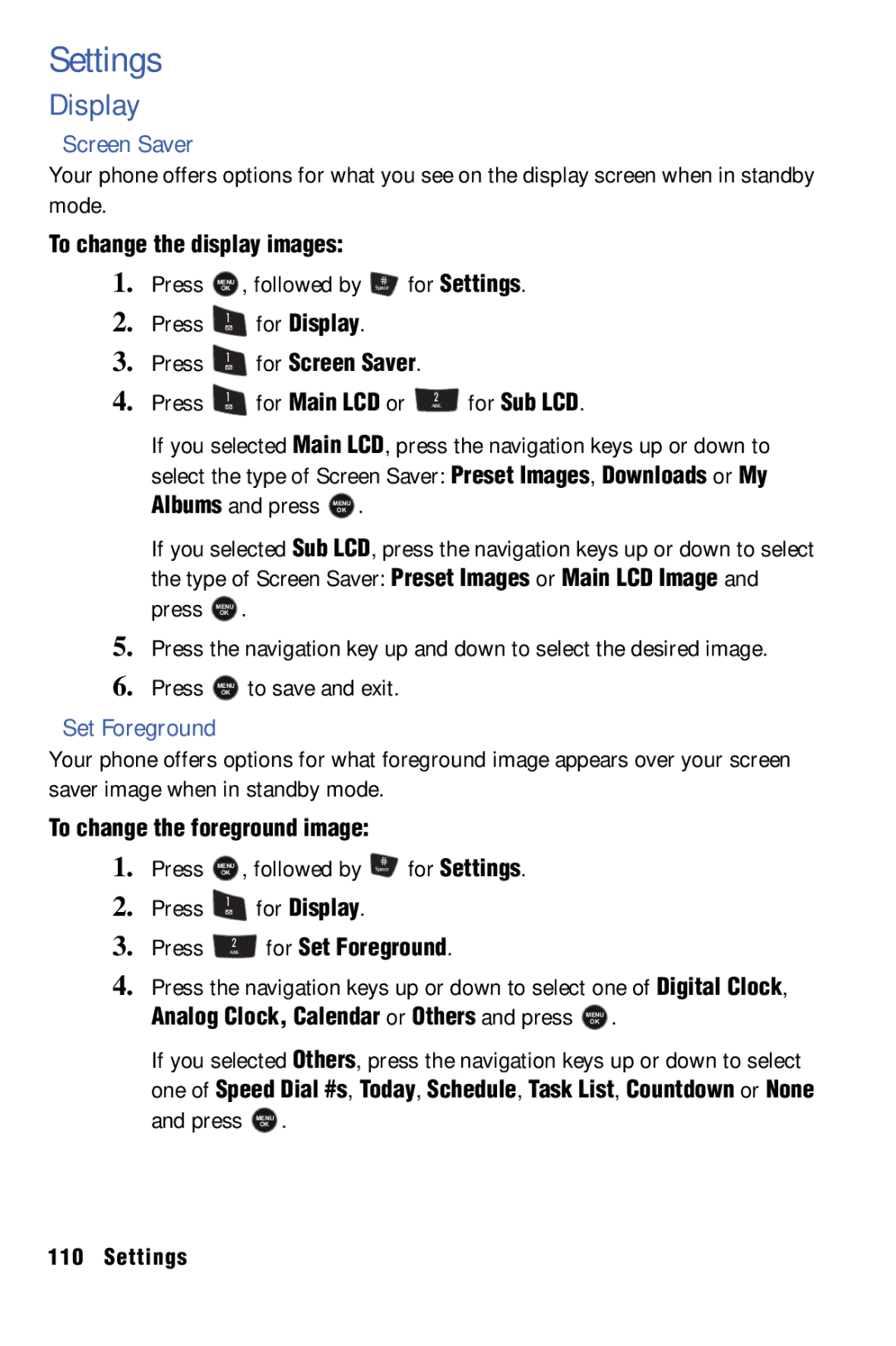 Samsung SPH-m50 manual Settings, Display, Screen Saver, Set Foreground 