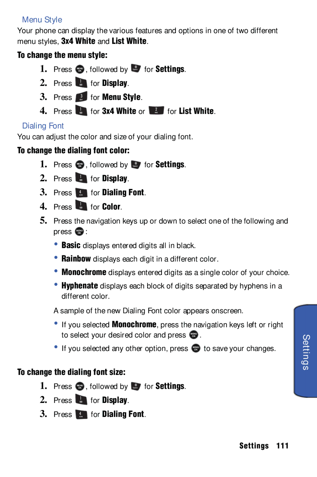 Samsung SPH-m50 manual Settings, Menu Style, Dialing Font 