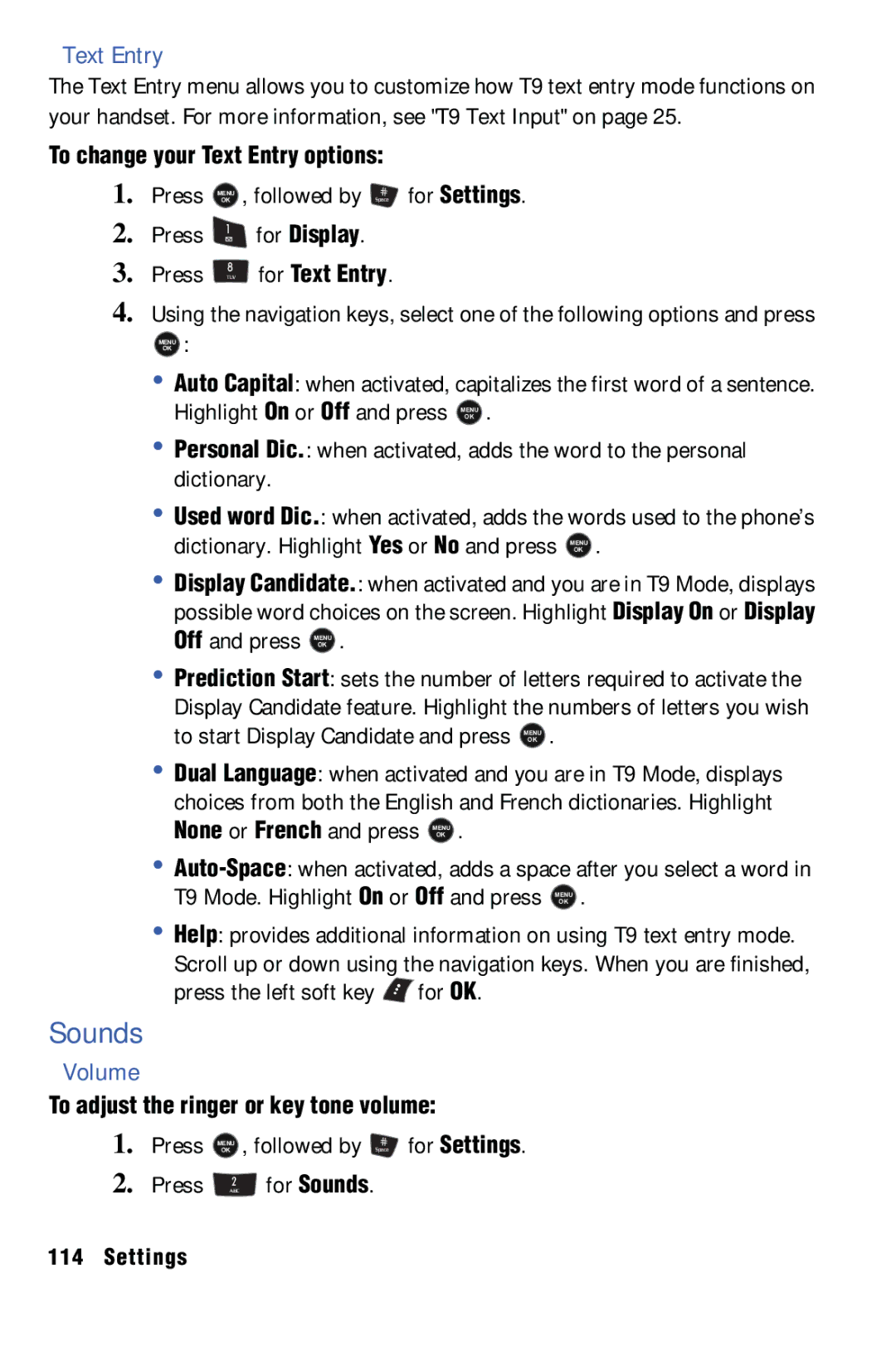 Samsung SPH-m50 manual Sounds, Volume, To change your Text Entry options Press, To adjust the ringer or key tone volume 