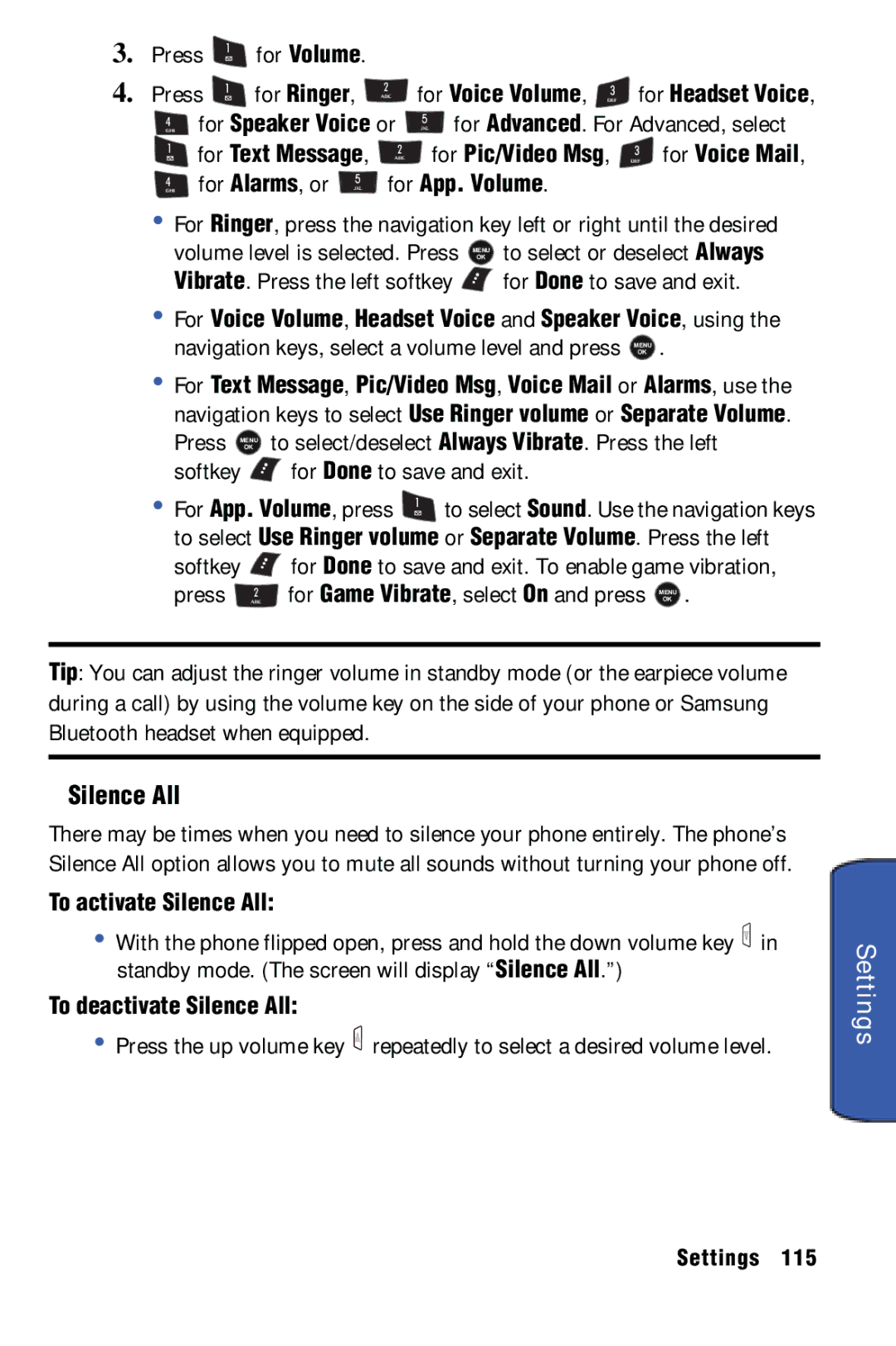 Samsung SPH-m50 manual For Ringer, GHI for Alarms, or, To activate Silence All, To deactivate Silence All 