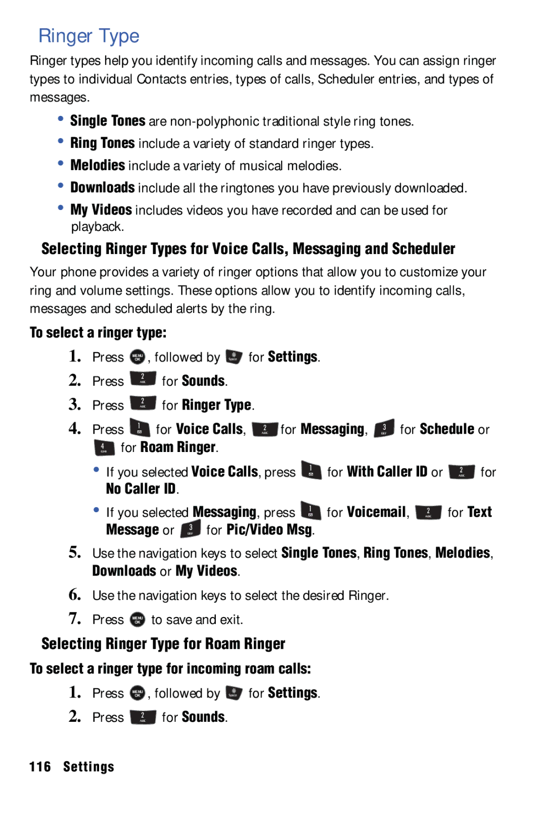 Samsung SPH-m50 manual Selecting Ringer Type for Roam Ringer, To select a ringer type, For Ringer Type, For Voicemail, ABC 