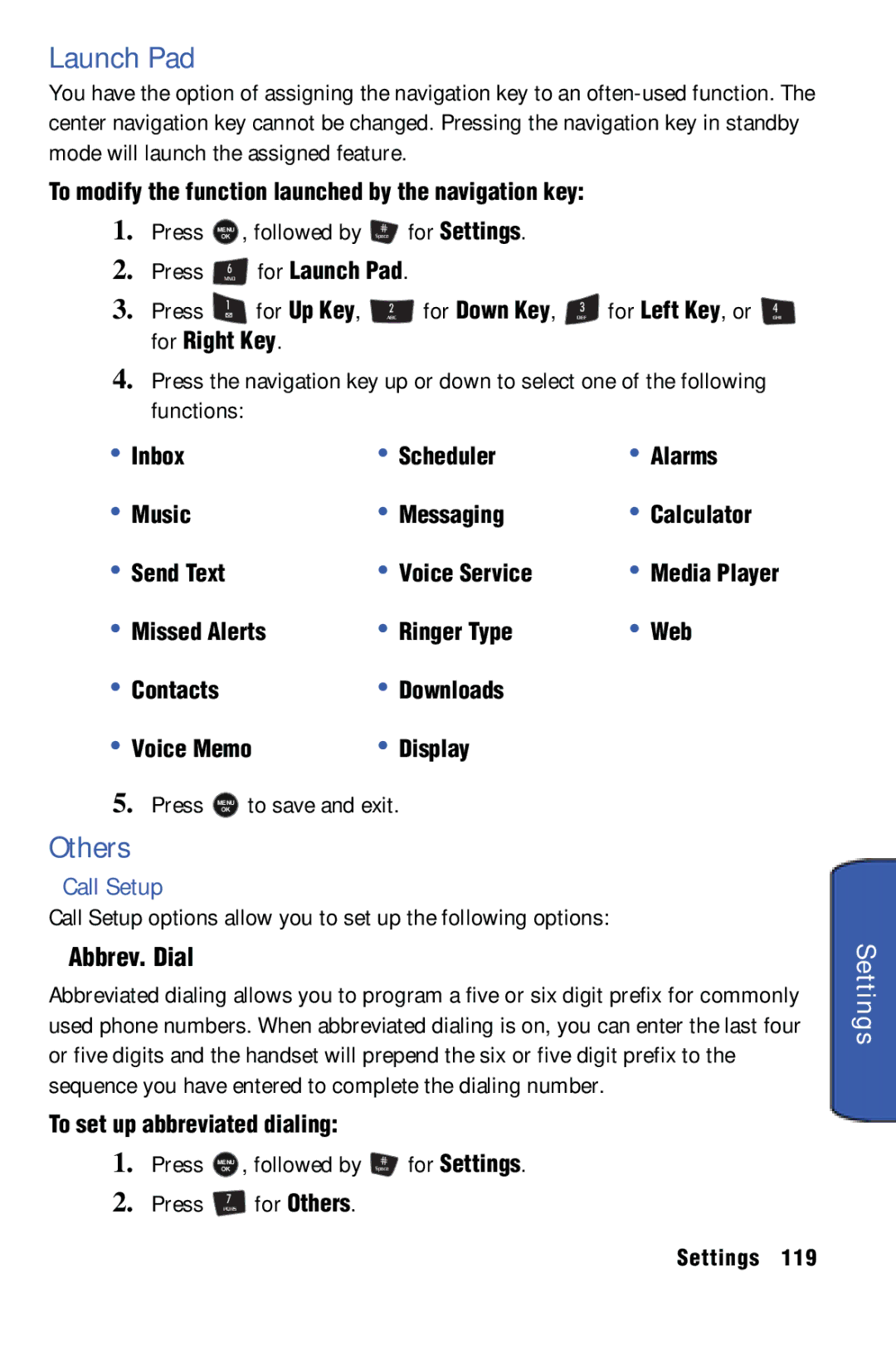 Samsung SPH-m50 manual Launch Pad, Others, Call Setup, Abbrev. Dial 