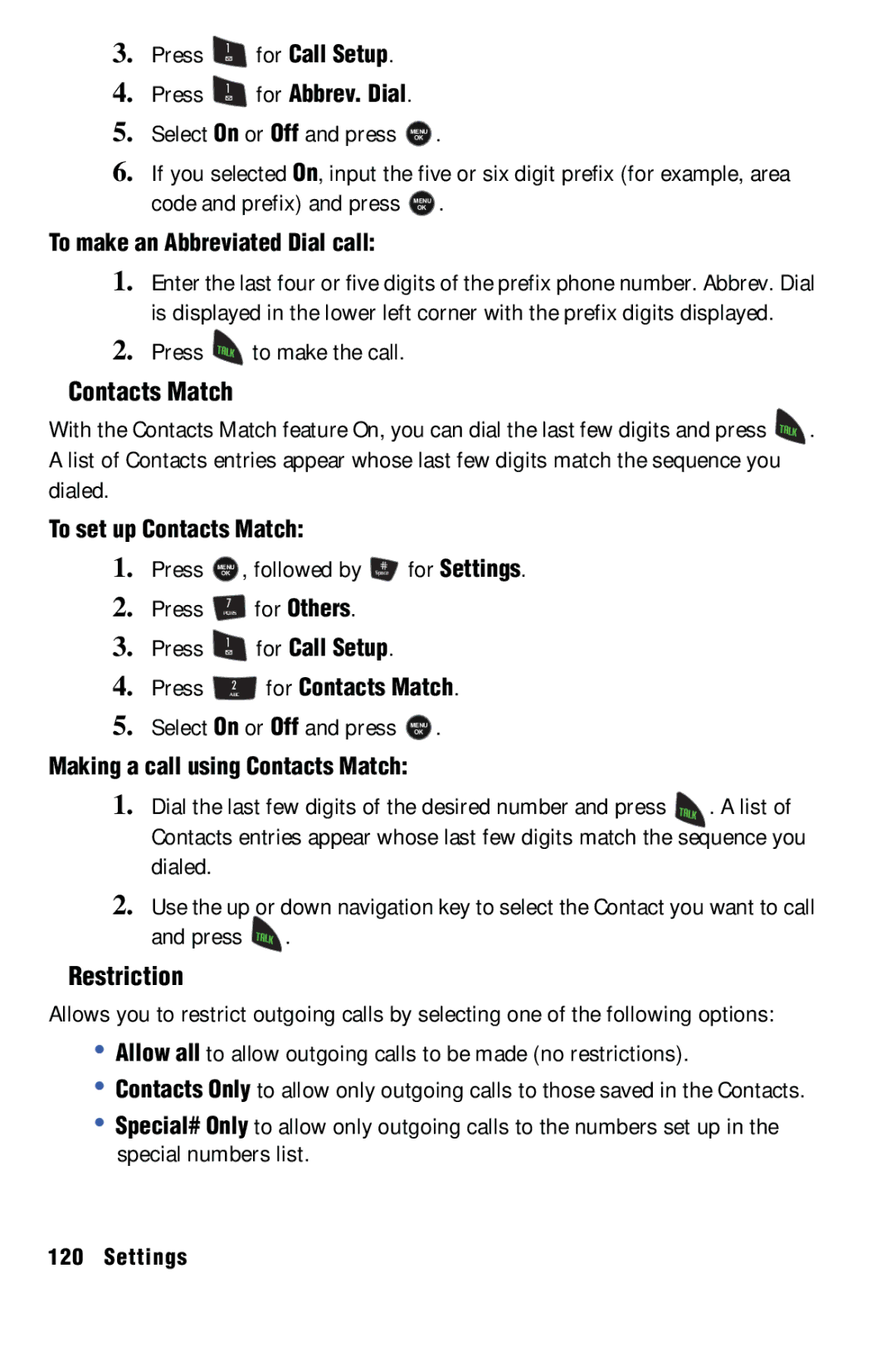 Samsung SPH-m50 manual Restriction, To make an Abbreviated Dial call, To set up Contacts Match 