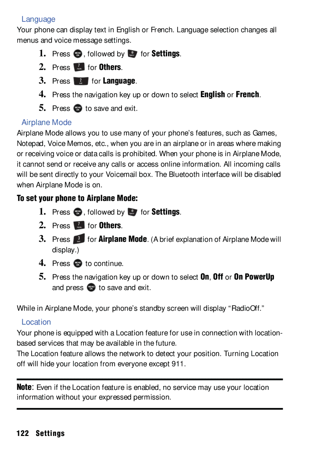 Samsung SPH-m50 manual Location, For Language, To set your phone to Airplane Mode 