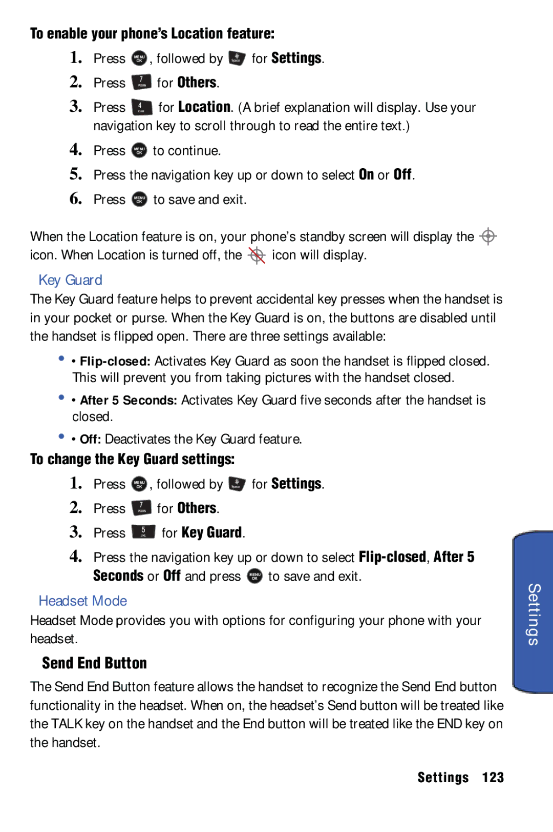 Samsung SPH-m50 manual Key Guard, Headset Mode, Send End Button, To enable your phone’s Location feature 