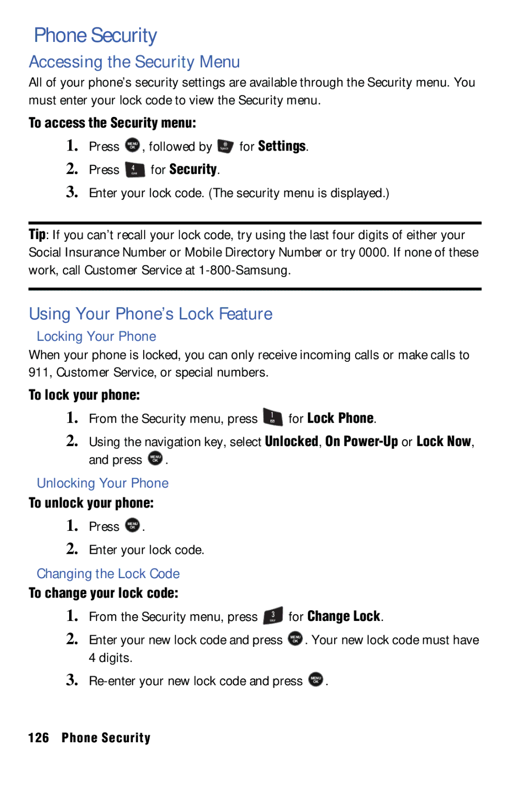 Samsung SPH-m50 manual Phone Security, Accessing the Security Menu, Using Your Phone’s Lock Feature 