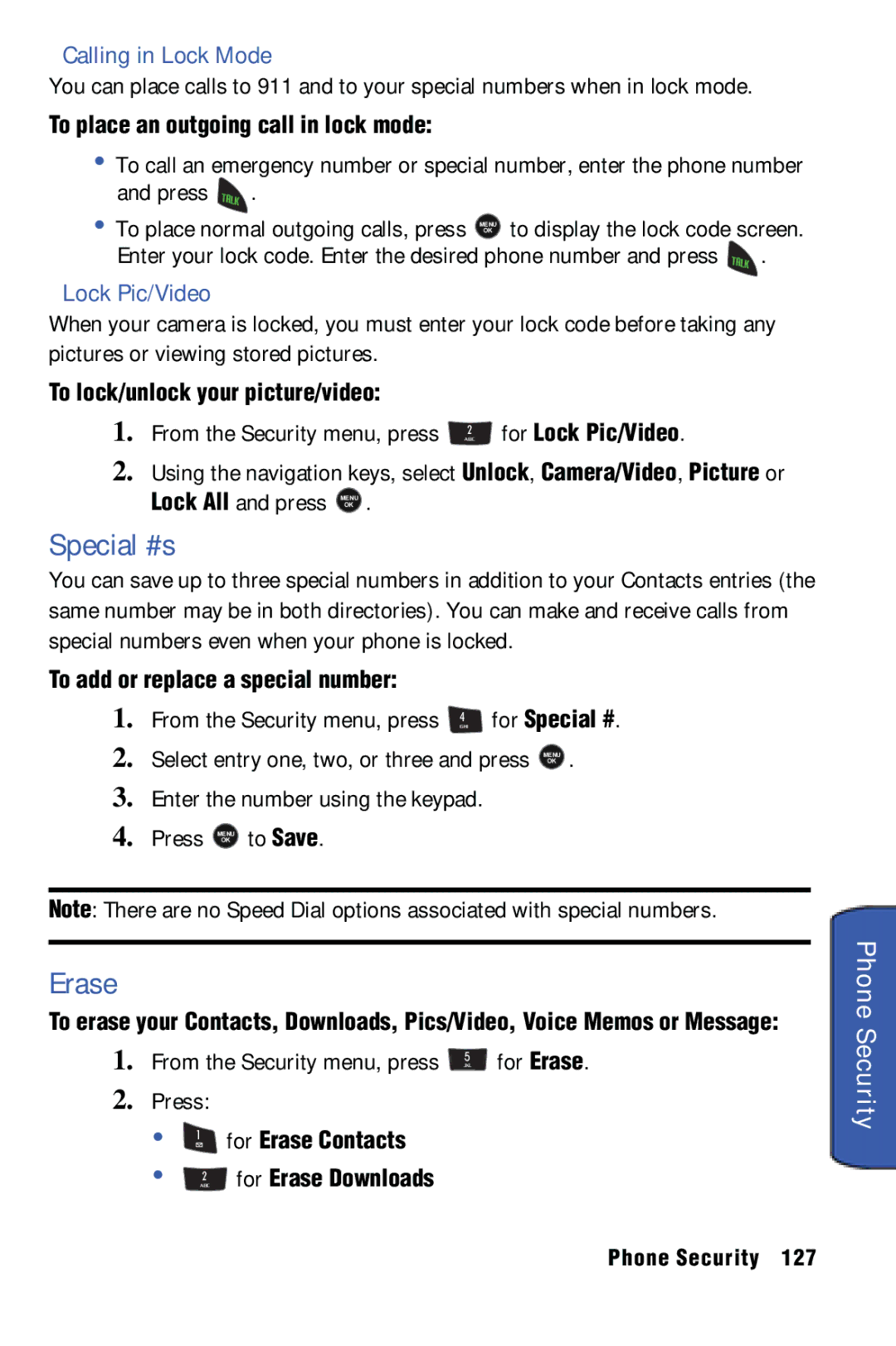 Samsung SPH-m50 manual Special #s, Erase, Phone Security, Calling in Lock Mode, Lock Pic/Video 