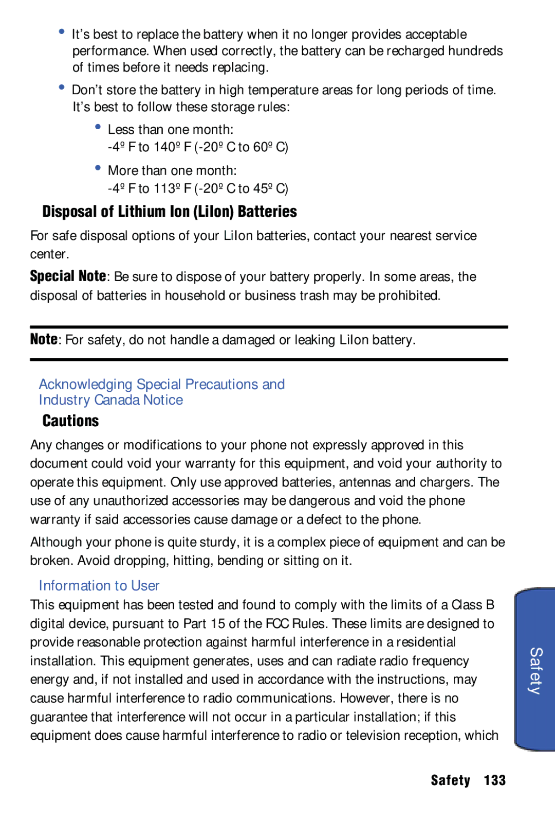 Samsung SPH-m50 manual Disposal of Lithium Ion LiIon Batteries, Acknowledging Special Precautions Industry Canada Notice 