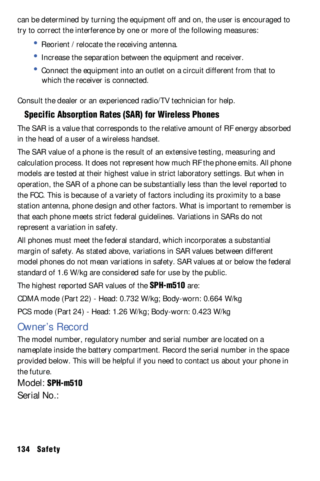 Samsung SPH-m50 manual Owner’s Record, Specific Absorption Rates SAR for Wireless Phones, Model SPH-m510 