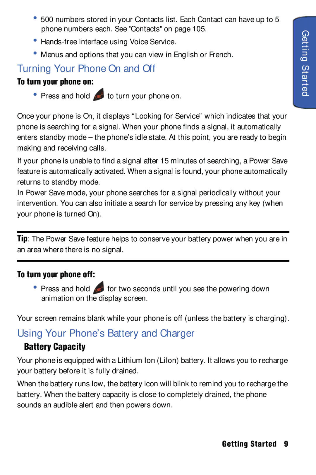 Samsung SPH-m50 manual Turning Your Phone On and Off, Using Your Phone’s Battery and Charger, Battery Capacity 