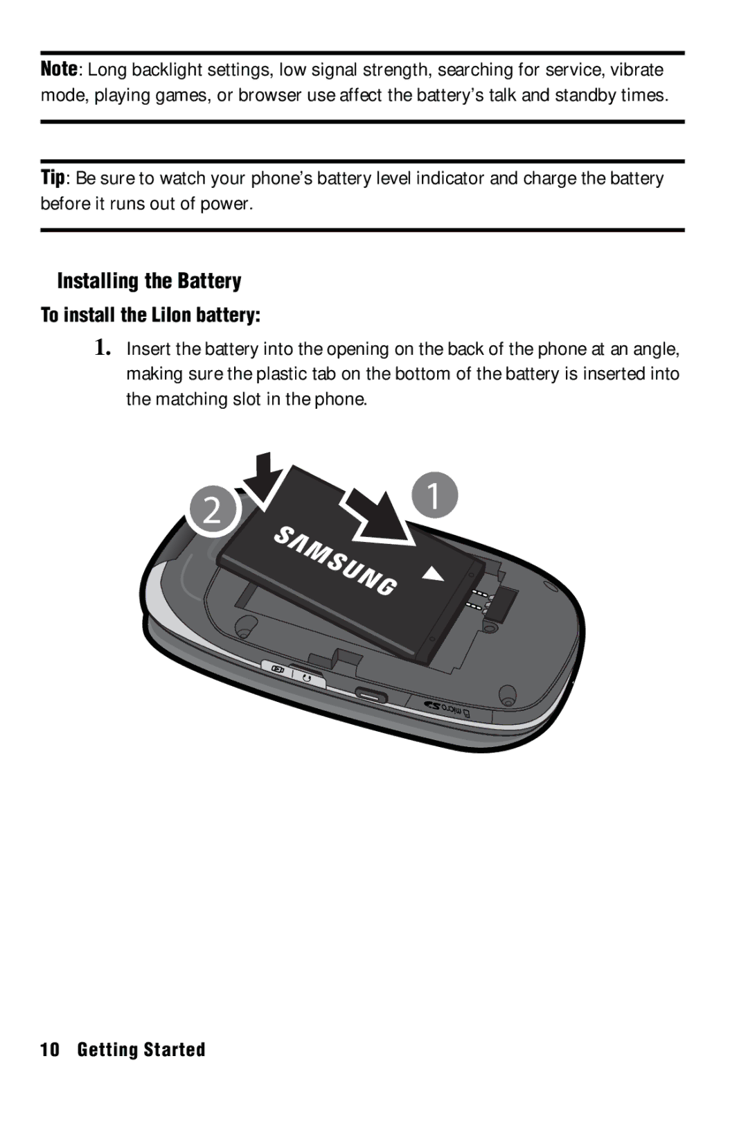 Samsung SPH-m50 manual Installing the Battery, To install the LiIon battery 