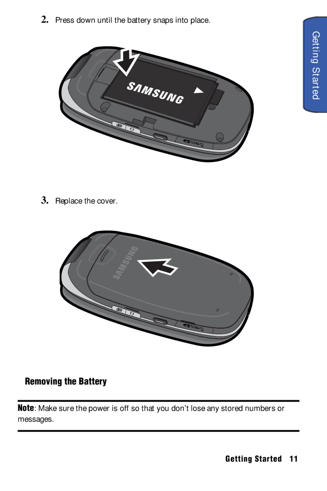 Samsung SPH-m50 manual Removing the Battery, Press down until the battery snaps into place, Replace the cover 