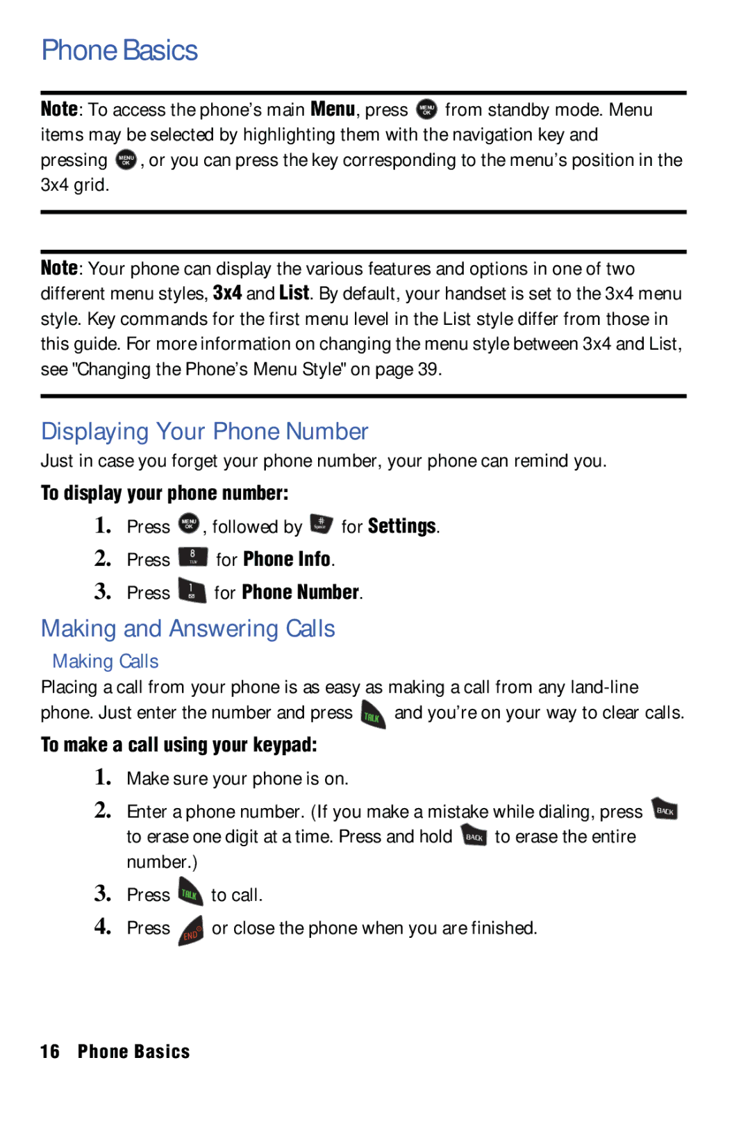 Samsung SPH-m50 manual Phone Basics, Displaying Your Phone Number, Making and Answering Calls, Making Calls 