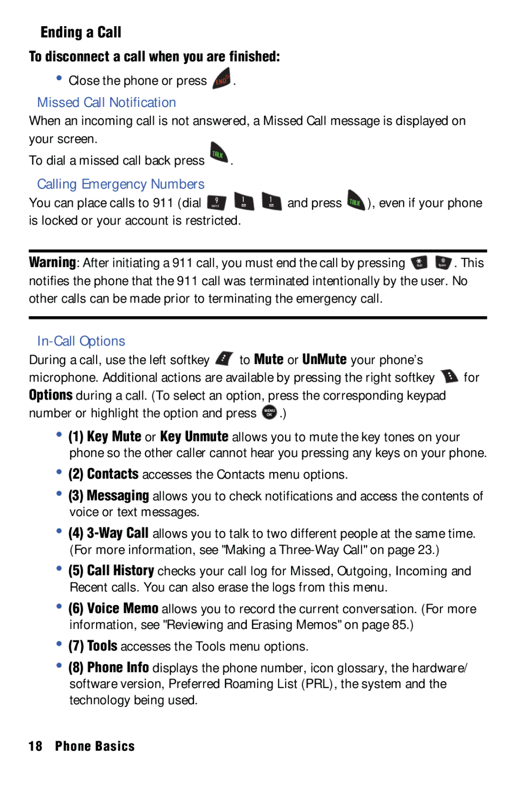 Samsung SPH-m50 Ending a Call, Calling Emergency Numbers, In-Call Options, To disconnect a call when you are finished 