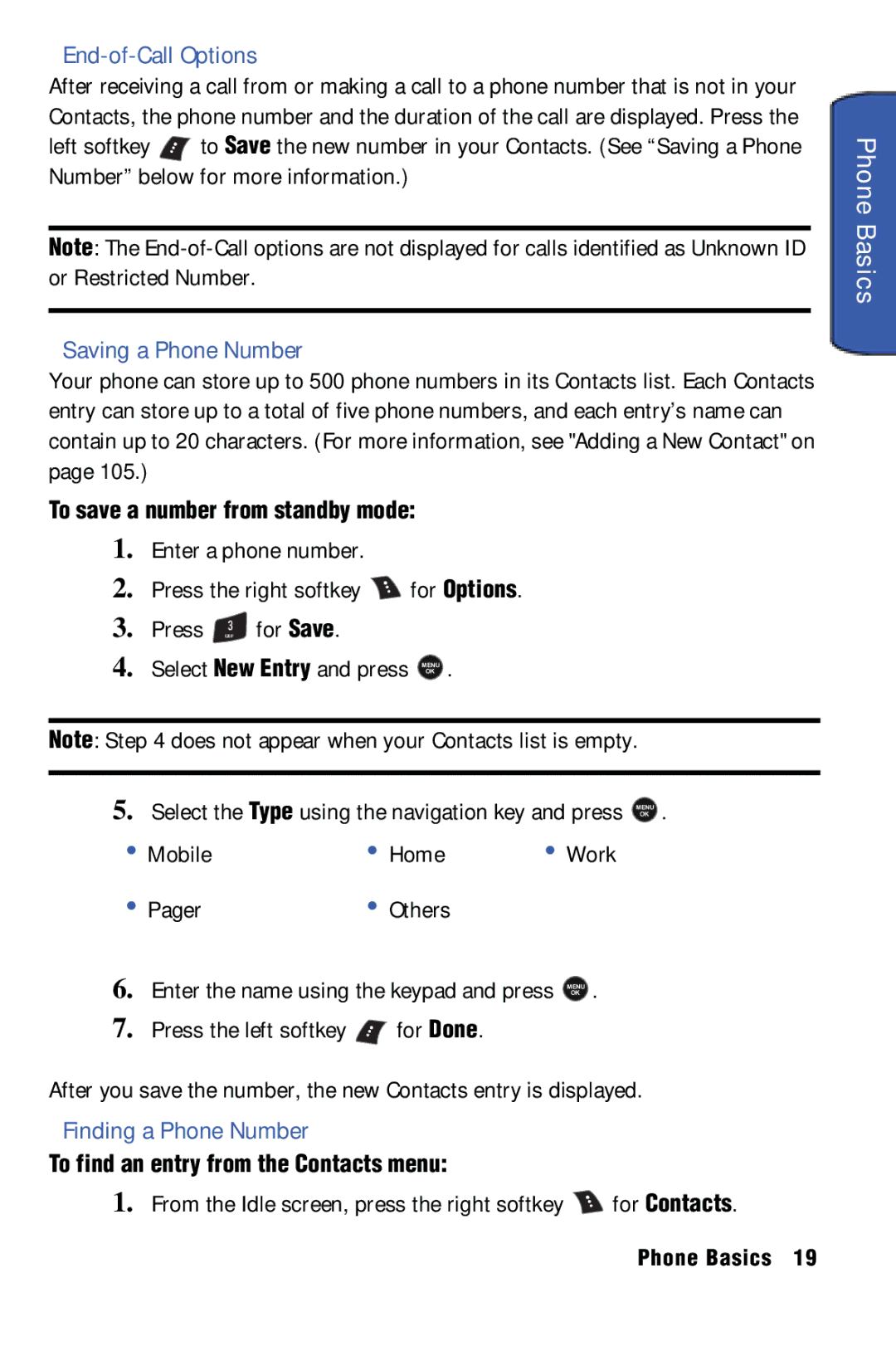 Samsung SPH-m50 End-of-Call Options, Saving a Phone Number, Finding a Phone Number, To save a number from standby mode 